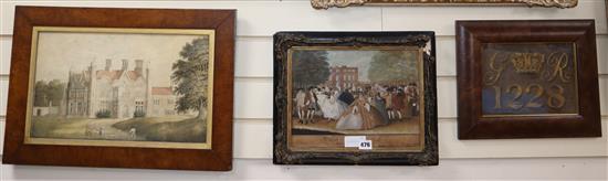 An early 19th century watercolour of a country house, 25 x 43cm, an 18th century fashion caricature and a